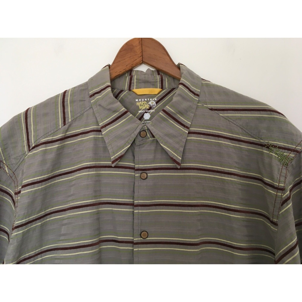 Mountain Hardwear Green Striped Button Up Shirt Mens XL Short Sleeve Snap Button
